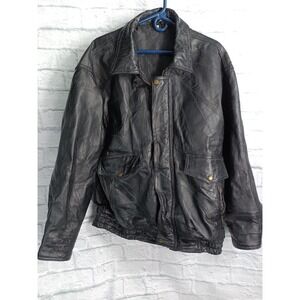 Genuine Leather Bomber Jacket Mens XL Black Zip Pockets Elastic Waist Lined